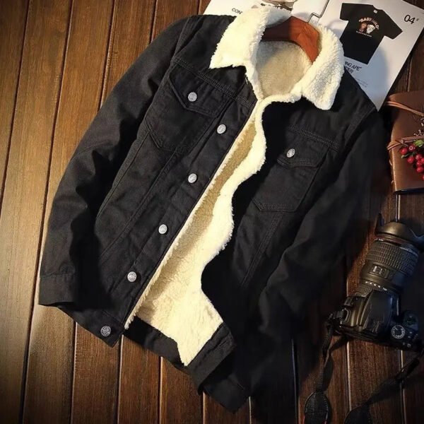 Plush Lining Denim Jacket Male Warm Fleece Stylish Pockets Buttons Jean Outerwear Winter Men Jean Jacket - Image 6