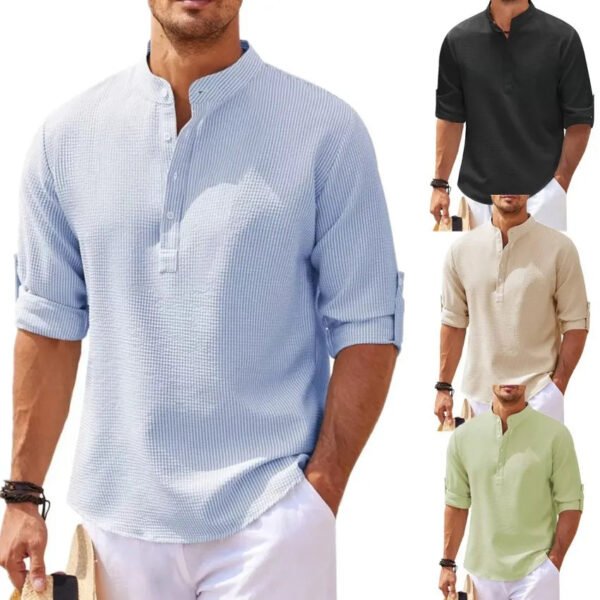 Cotton Linen Hot Sale Men's Long-Sleeved Shirts Spring Autumn Solid Color Stand-Up Collar Casual Beach Style Plus Size S-5XL - Image 2