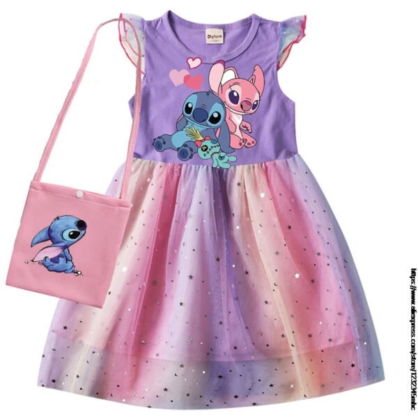 Lilo And Stitch Summer Girls Cotton T Shirt Patchwork Dress +Bag Children Girl Home Party Casual Clothes Dresses - Image 12