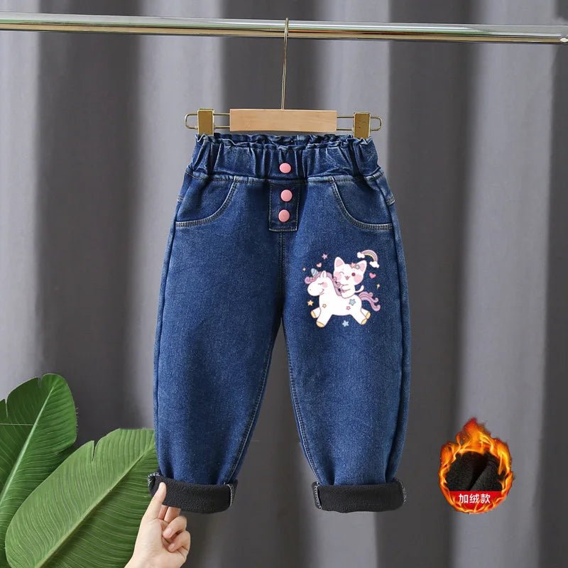 Korean version children's jeans winter girls with plush thick High waist elastic cartoon printed jeans babies warm pants1-6Y - Image 7