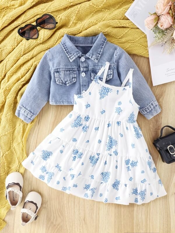 3pieces Four Seasons Leisure Travel Vacation Comfortable Denim Long Sleeve + Floral Dress Set With Halter Sweet Fashion - Image 8