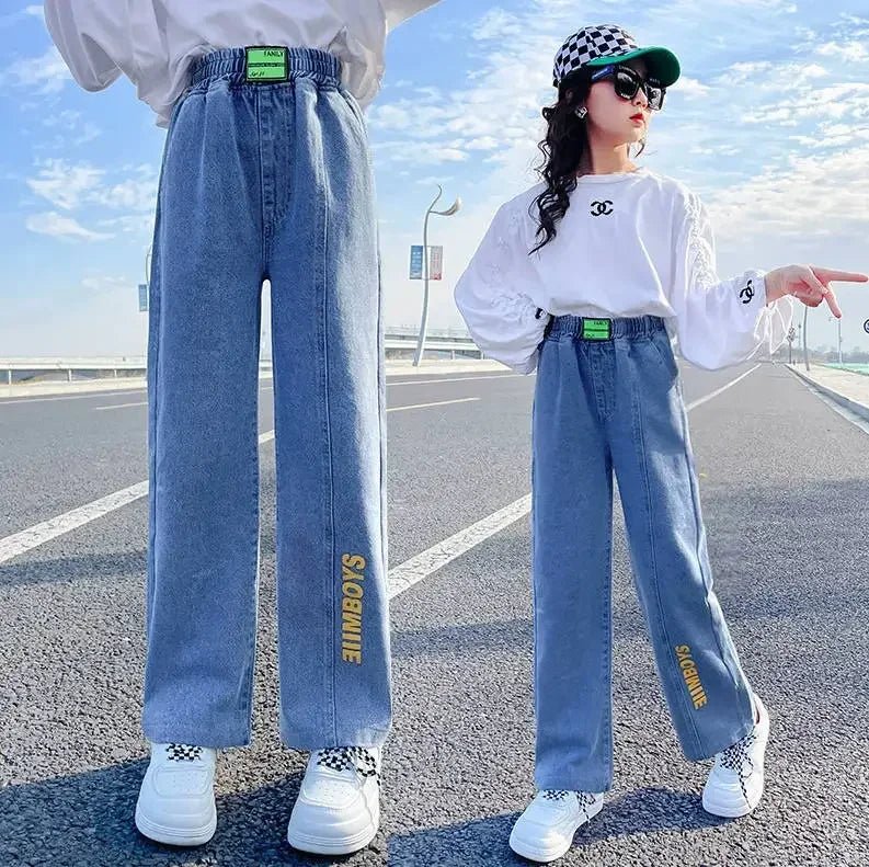 Korean Style Children Embroidery Jeans for Girls Denim Pants for Girls Spring High Waist Straight Trousers for Kids Teenagers - Image 3