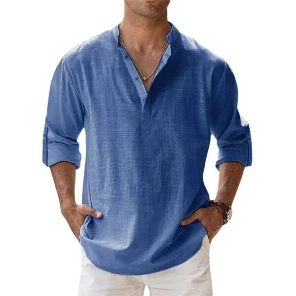 Streetwear Men Lightweight Shirts Long Sleeve Henley Cotton Linen Shirts for Men Beach Hawaiian Shirts Breathable Collar Tshirts - Image 6