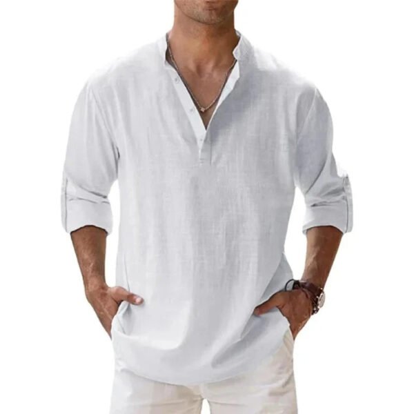 Streetwear Men Lightweight Shirts Long Sleeve Henley Cotton Linen Shirts for Men Beach Hawaiian Shirts Breathable Collar Tshirts - Image 3