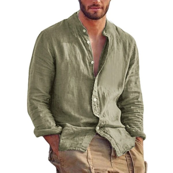 New Men's Solid Color Long Sleeve Shirt Linen Cotton Shirts Trend Plus-size Stand Collar Casual Lightweight Beach Tops - Image 4