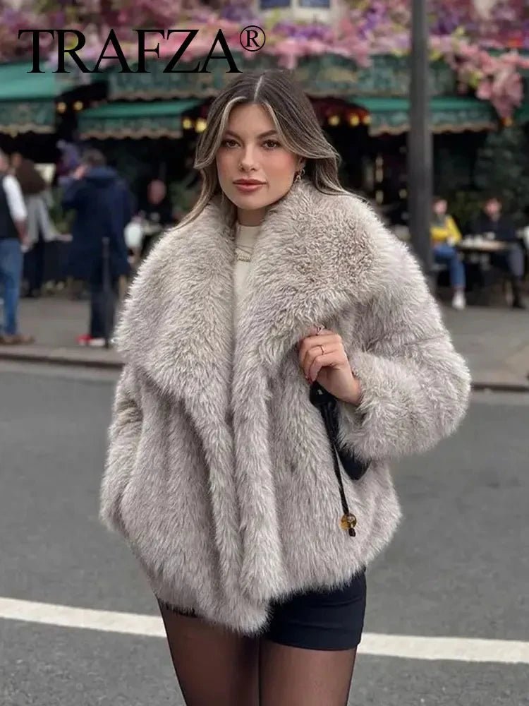 TRAFZA Women Fashion Faux Fur Jacket Vintage Turn-Down Collar Long Sleeve Coat Autumn Winter Woman Elegant Streetwear - Image 2