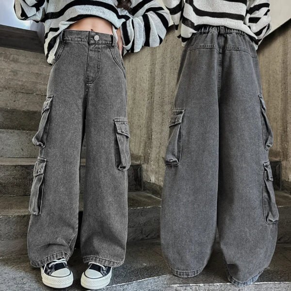 Teenage Girls Wide Leg Cargo Jeans 2024 Autumn Fashion Kids Casual Denim Pants School Young Children Straight Baggy Trousers 15Y - Image 2