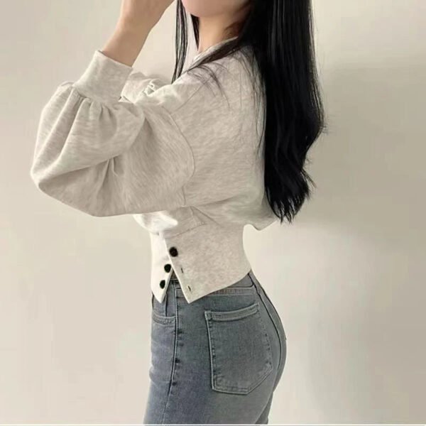 Autumn Women Solid O-Neck Slim Crop Top Lantern Sleeve With Button  Sweat Casual Hip-Hop Sporty Pullover Sweet Chic Street Wear - Image 5