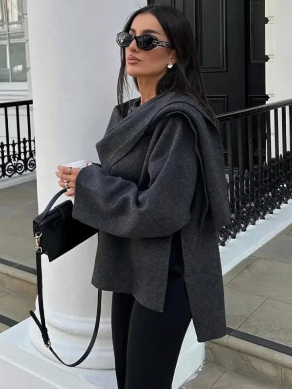 ZBZA Women's Asymmetric Scarf Knitted Jacket O-neck Single Button Side Slit Solid Loose Coat Winter New Female Chic Outerwear - Image 4