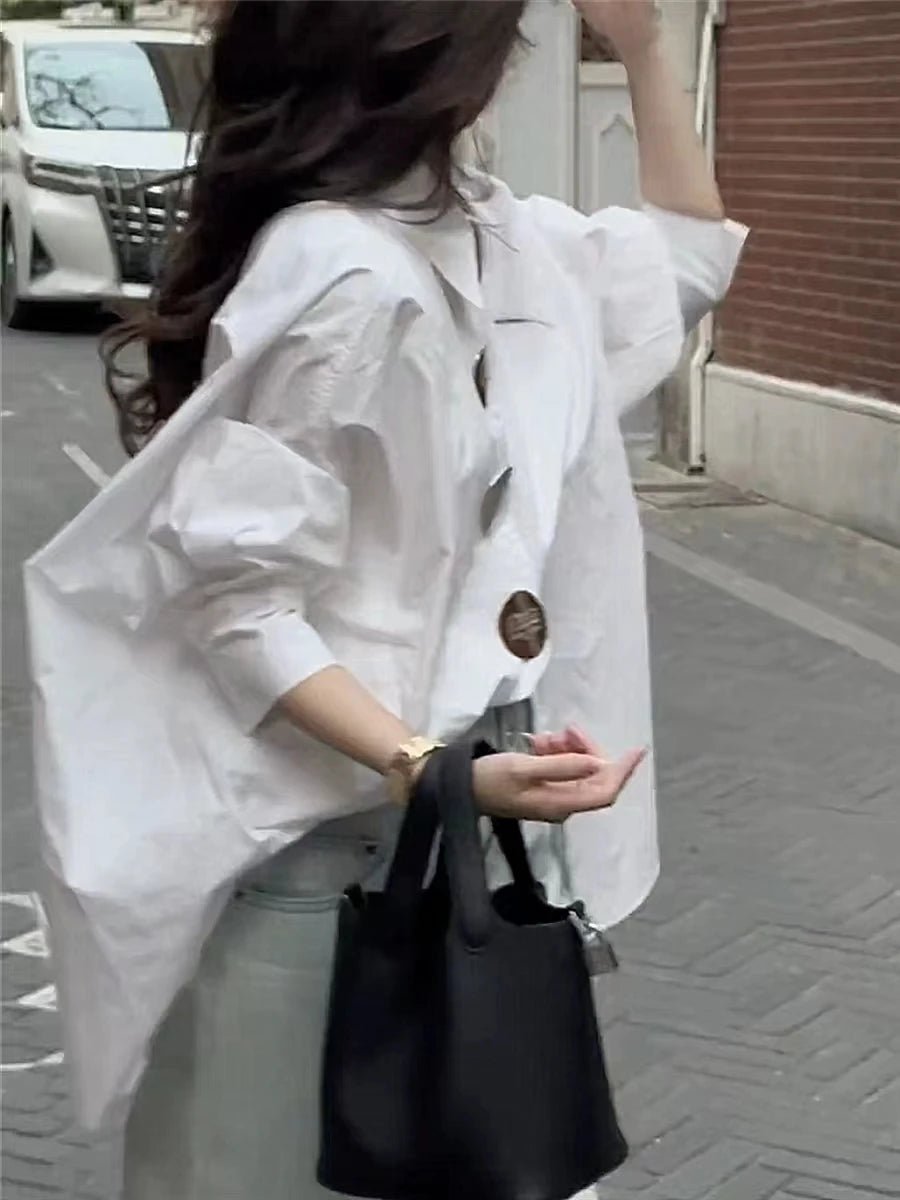 New In Autumn 2024 Loose Casual Cotton Buttons Up Shirts For Women Lantern Sleeve Top Korean Popular Oversized Shirt Blouse - Image 5
