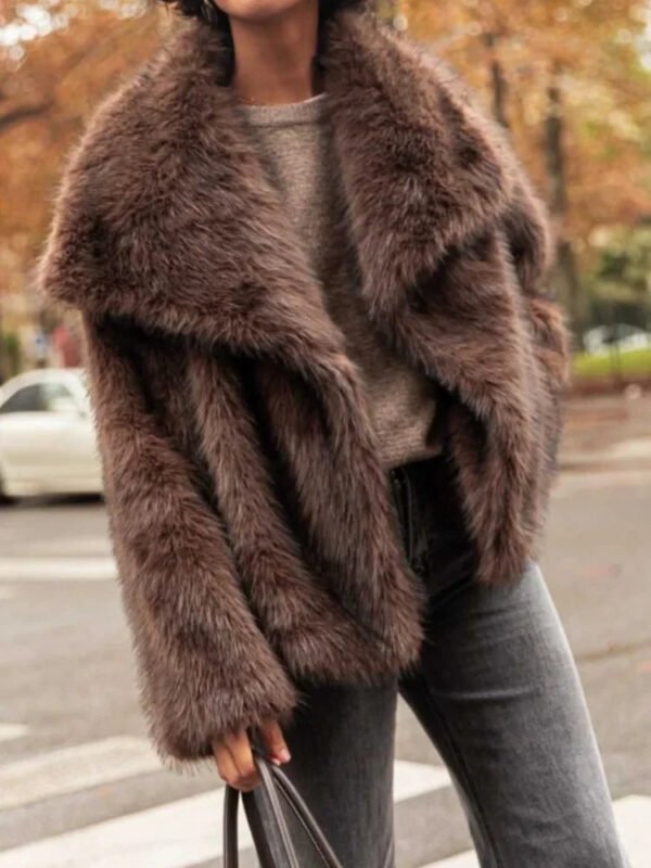 Brown Big Lapel Faux Fur Fury Women's Coats Fluffy Long Sleeved Thick Warm Fury Jackets 2024 Winter Lady Casual Street Outwear - Image 3