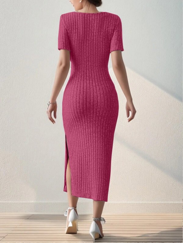 Summer Square Neck, Hip-Hugging Mid-Length Skirt, Short-Sleeved, Versatile Knitted Slit Dress - Image 6