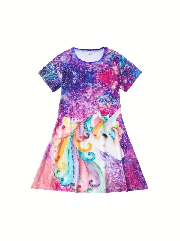 Girls Starry Unicorn Digital Print Round Neck Short Sleeve Party Casual Dress - Image 3
