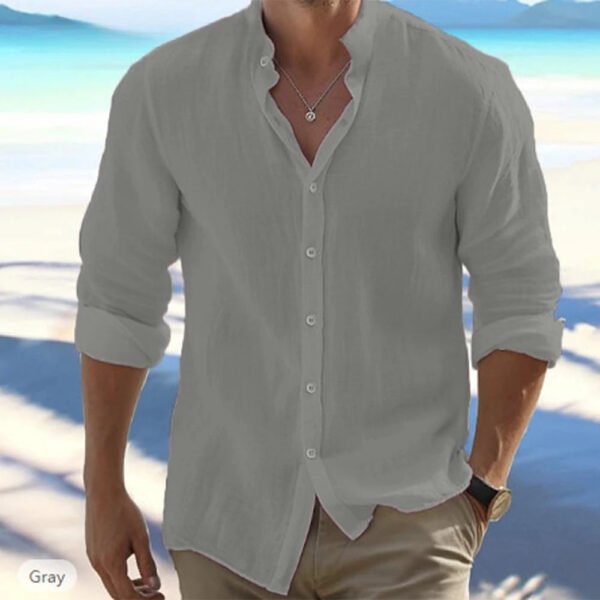 Cotton Linen Hot Sale Men's Long-Sleeved Shirts Summer Solid Color Stand-Up Collar Casual Beach Style Plus Size - Image 3