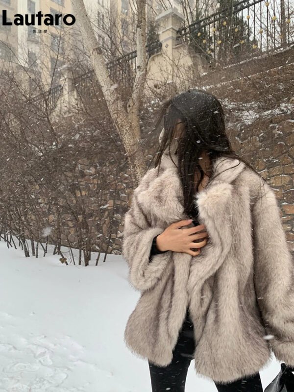 Lautaro Autumn Winter Oversized Loose Casual Luxury Soft Thick Warm Hairy Faux Fox Fur Coat Women Long Sleeve Fluffy Jacket 2024 - Image 6
