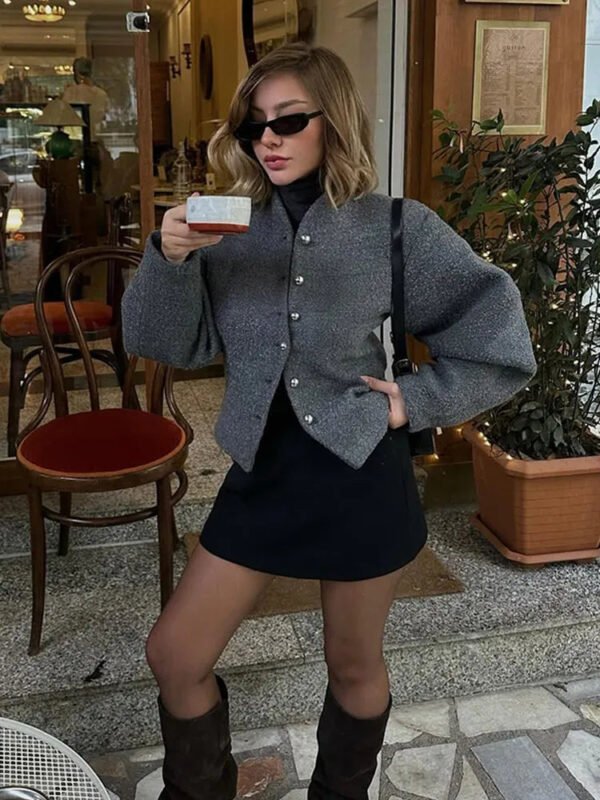 Elegant Women's Burgundy Cropped Jacket Female Stand Collar Single Breasted Full Sleeve Pocket Coat 2024 Autumn Lady Outwear New - Image 7