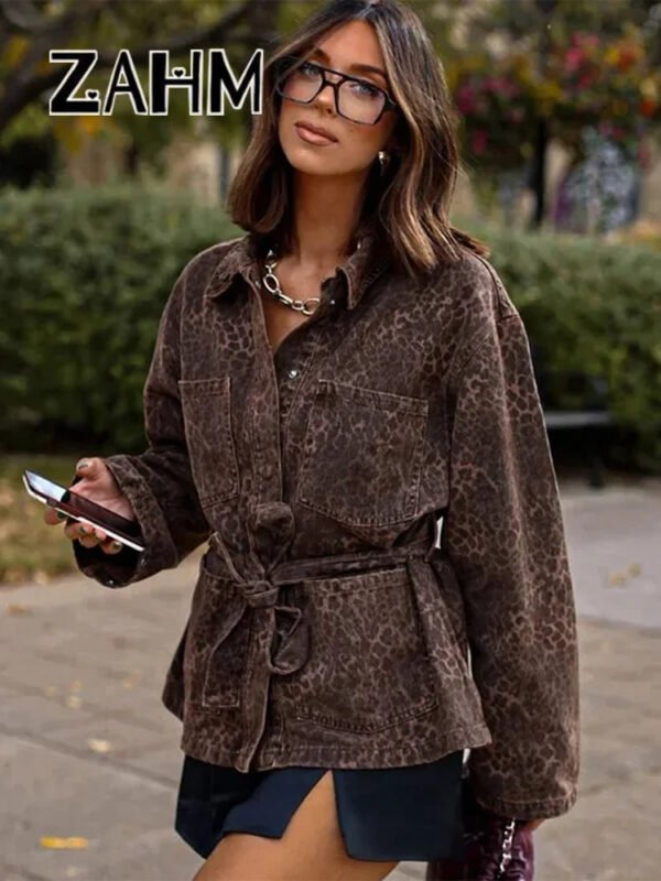 Leopard Print Jackets Women Casual Lapel Big Pockets Belt Coats Female 2025 Spring High Street Lady Outwears
