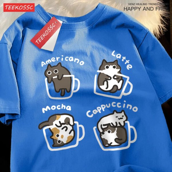Cat Coffee Pure Cotton Trendy Summer Loose Short Sleeved T-shirt Men Women Original Mocha Latte Cat Three Flowers Fun Cat Tees - Image 9