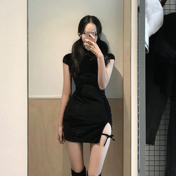 Elegant Black Short Sleeve Button Sexy Dress Women Casual Shopping Photo New Chinese Dress Tight Fashion Summer 2022 - Image 3