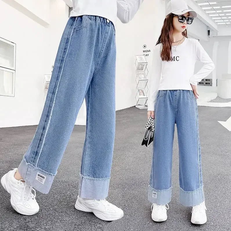 Korean Style Children Embroidery Jeans for Girls Denim Pants for Girls Spring High Waist Straight Trousers for Kids Teenagers - Image 2
