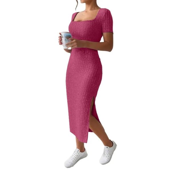 Summer Square Neck, Hip-Hugging Mid-Length Skirt, Short-Sleeved, Versatile Knitted Slit Dress - Image 5