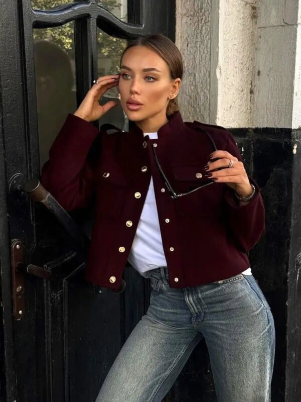 Elegant Wine Red Stand Collar Wool Blend Coat Female Fashion Single Breasted Pocket Short Jackets Lady Office Commute Streetwear - Image 2