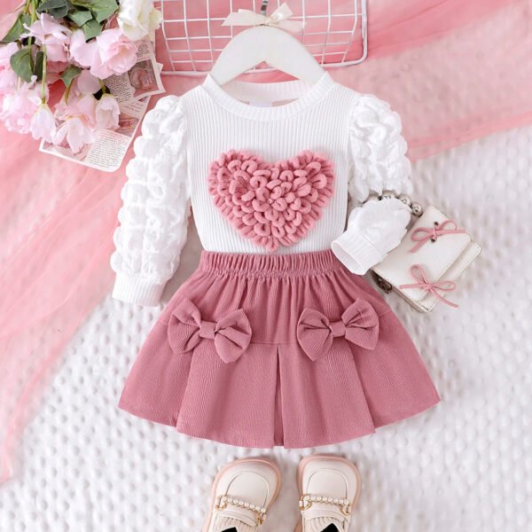 2PCS Winter New Style For 0-3 Year Old Girls, Comfortable Sweet And Cute Bubble Sleeves, Love Chapter Top + Pink Short Skirt Set - Image 7