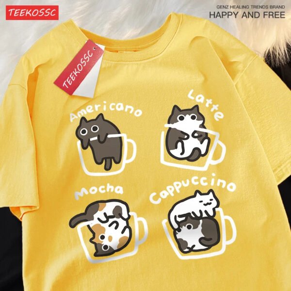 Cat Coffee Pure Cotton Trendy Summer Loose Short Sleeved T-shirt Men Women Original Mocha Latte Cat Three Flowers Fun Cat Tees - Image 8