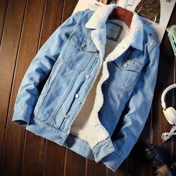 Plush Lining Denim Jacket Male Warm Fleece Stylish Pockets Buttons Jean Outerwear Winter Men Jean Jacket - Image 5
