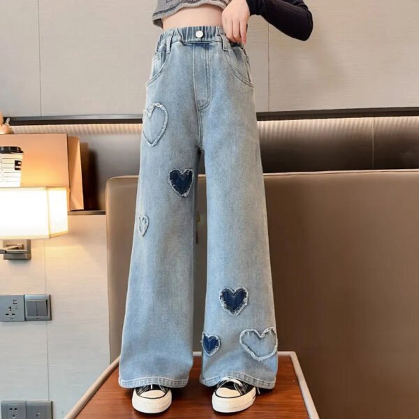 Big Girls School Wide Leg Pants with Heart Design Casual Loose 2025 New Spring Fashion Long Jeans Children Korean Style Trousers - Image 7