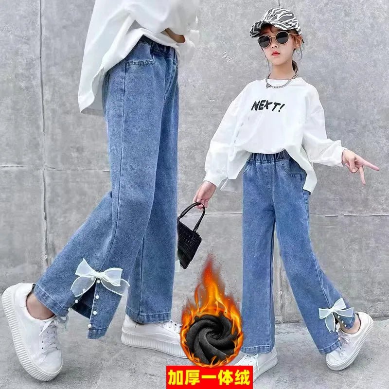2024 Teenager Jeans for Girls Autumn Kids Casual Denim Wide Leg Pants Velvet Warm Winter Children's Fashion Straight Trousers - Image 4