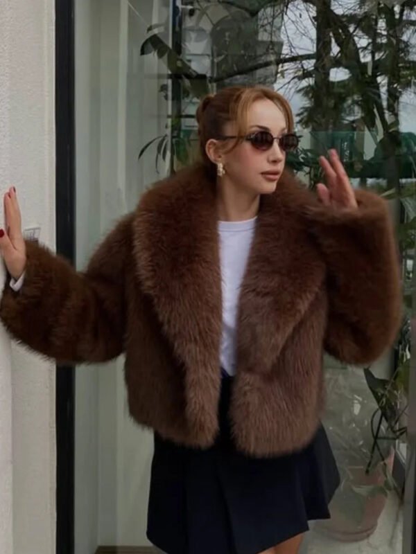 Heart Shaped Fur Short Coat Coffee Colored Lapel Fashion Minimalism Temperament Furry Overcoat Top Women's Warmth Luxury Outwear - Image 2