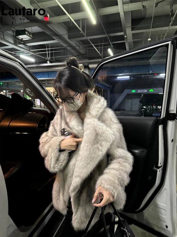 Lautaro Autumn Winter Oversized Loose Casual Luxury Soft Thick Warm Hairy Faux Fox Fur Coat Women Long Sleeve Fluffy Jacket 2024 - Image 5