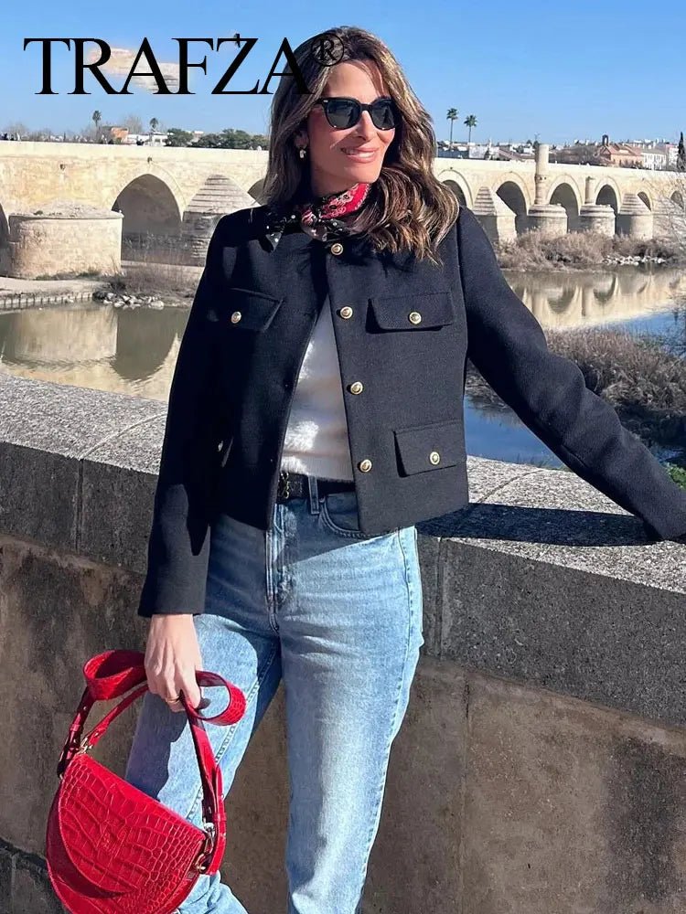 TRAFZA Women Elegant Cropped Jacket 2024 Women's Fashion Jacket O-Neck Long Sleeved Flip Pocket Coat Female Casual Outwear Tops - Image 5