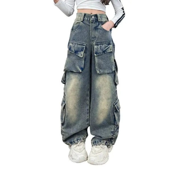 Cargo Jeans for Girls 2024 Spring Loose Casual Elastic Waist Teenage Children Wide Leg Pants Design Streetwear Kids Trousers - Image 4