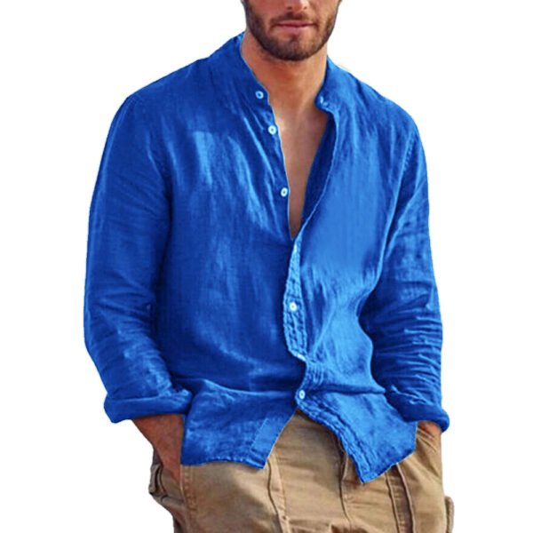 New Men's Solid Color Long Sleeve Shirt Linen Cotton Shirts Trend Plus-size Stand Collar Casual Lightweight Beach Tops - Image 7