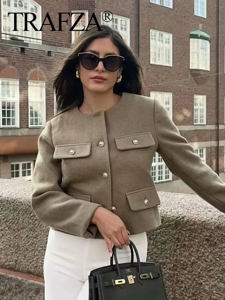 TRAFZA Women Elegant Cropped Jacket 2024 Women's Fashion Jacket O-Neck Long Sleeved Flip Pocket Coat Female Casual Outwear Tops - Image 6