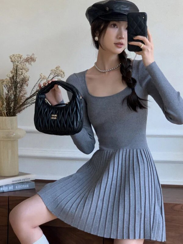 Korean Fashion Minimalist Solid Square neck Knitted Mini Dress Spring New Hotsweet Long Sleeve Sweater Short Dress Women - Image 4