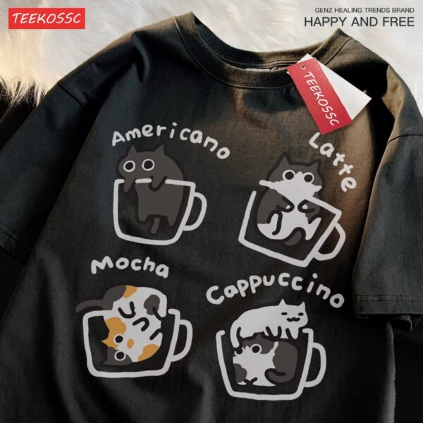 Cat Coffee Pure Cotton Trendy Summer Loose Short Sleeved T-shirt Men Women Original Mocha Latte Cat Three Flowers Fun Cat Tees - Image 3
