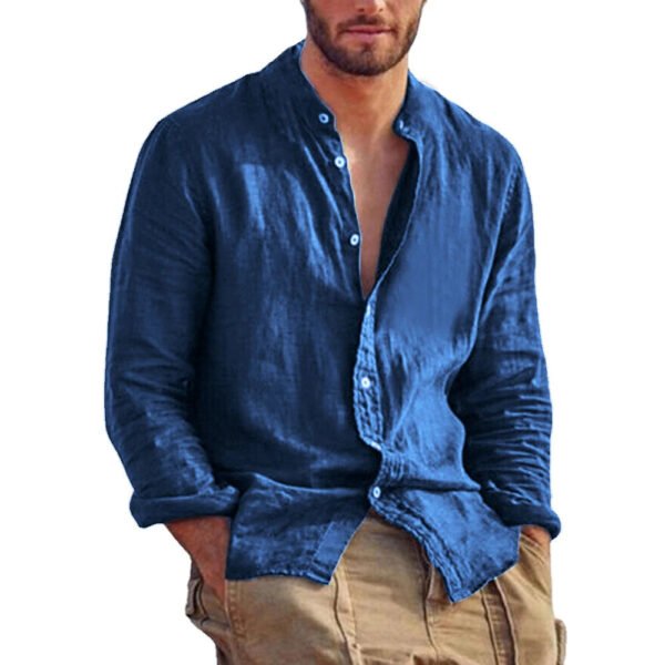 New Men's Solid Color Long Sleeve Shirt Linen Cotton Shirts Trend Plus-size Stand Collar Casual Lightweight Beach Tops - Image 3