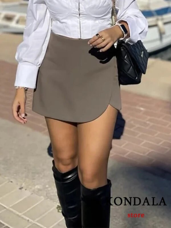 TRAFZA Women Fashion 2025 Casual Mini Asymmetrical Skirts Shorts High Waist Back Pockets Wide Leg Skirts Zipper Female Shorts - Image 3