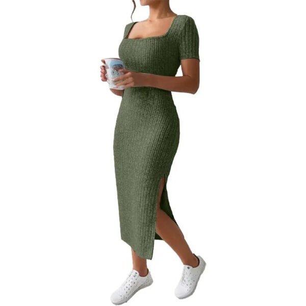 Summer Square Neck, Hip-Hugging Mid-Length Skirt, Short-Sleeved, Versatile Knitted Slit Dress - Image 4