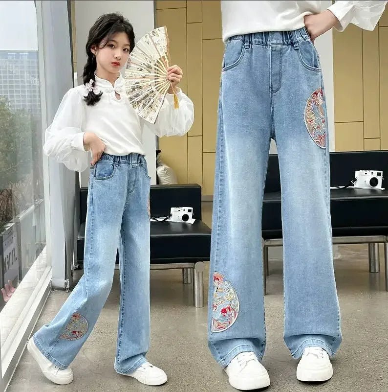 Korean Style Children Embroidery Jeans for Girls Denim Pants for Girls Spring High Waist Straight Trousers for Kids Teenagers - Image 4