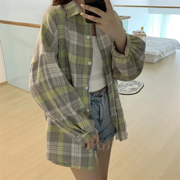 Plaid Shirt Women Autumn Long Sleeve Top Female Vintage Fashion Single Breasted Blouse Ladies Preppy Style Loose Check Shirts - Image 12