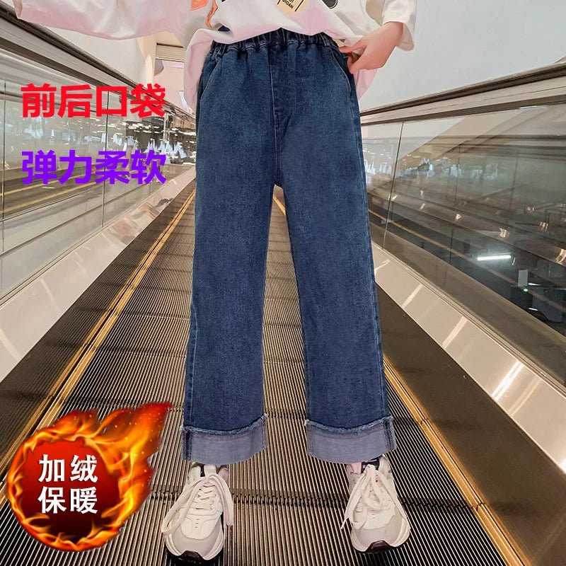 2024 Teenager Jeans for Girls Autumn Kids Casual Denim Wide Leg Pants Velvet Warm Winter Children's Fashion Straight Trousers - Image 2