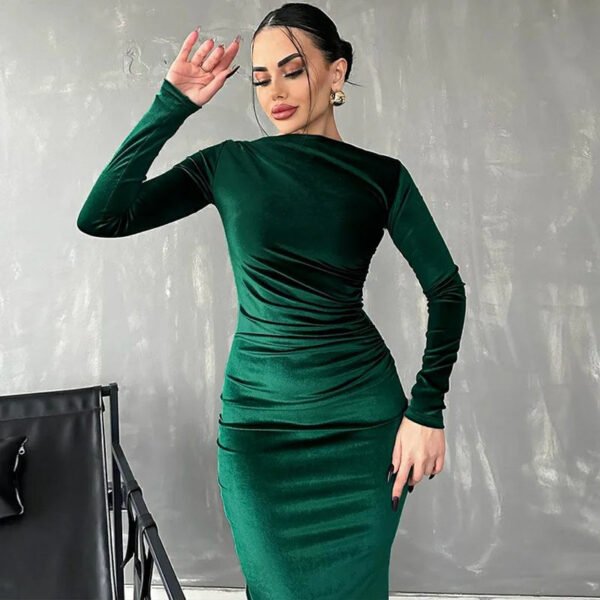 Dulzura 2024 Spring Summer Velvet Long Sleeve Midi Dress For Women Ruched Long Dress Elegant Party Clothes Evening Green Outfits - Image 8