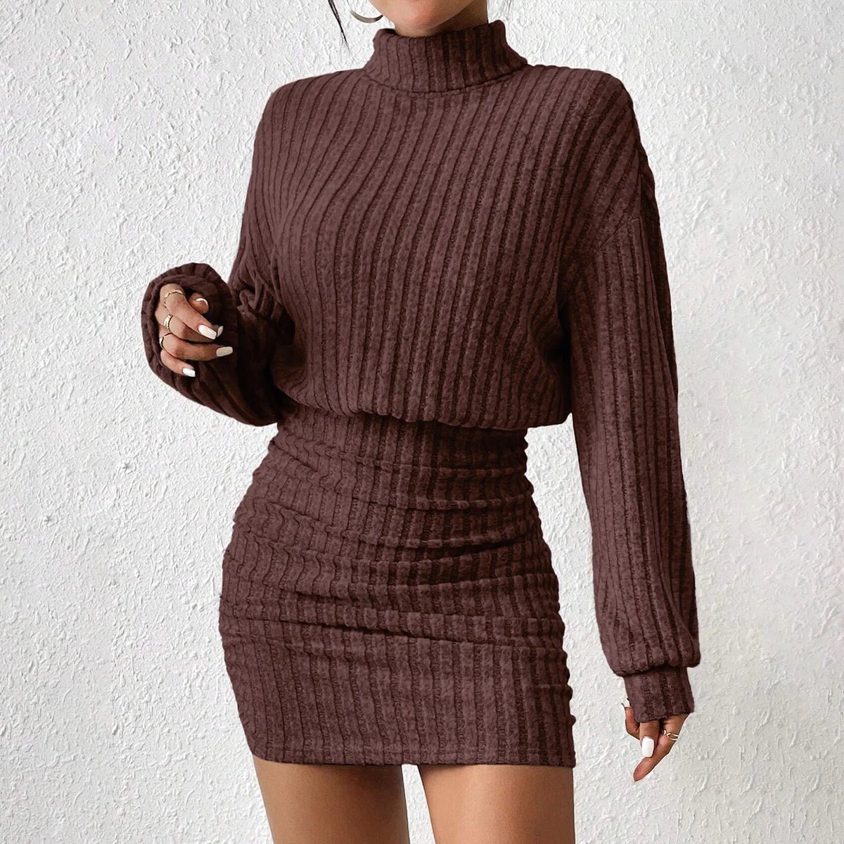 Mia Muse Women's Dresses Fall Winter Casual Plain Knitted Pullover Long Lantern Sleeve High Neck Mini A-Line Short Dresses - Image 9