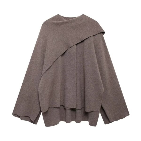 ZBZA Women's Asymmetric Scarf Knitted Jacket O-neck Single Button Side Slit Solid Loose Coat Winter New Female Chic Outerwear - Image 7