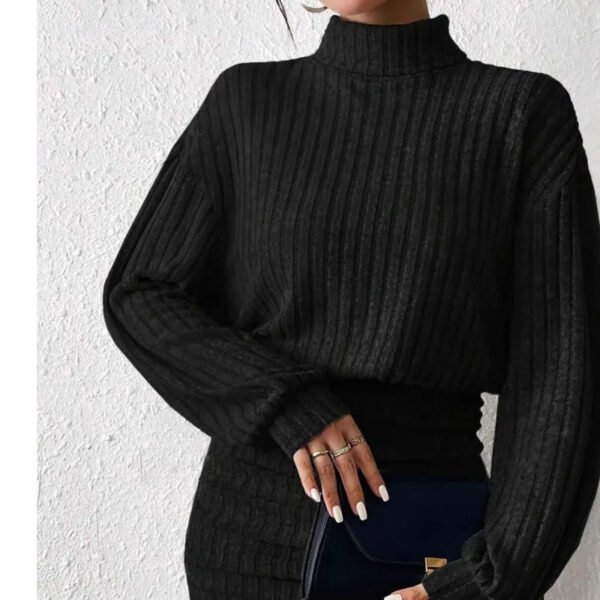 2024Women Autumn Winter Black High Neck Knitted Sweater Dress Female Casual Solid Slim Long Sleeve Warm Mid Length Black Dresses - Image 2