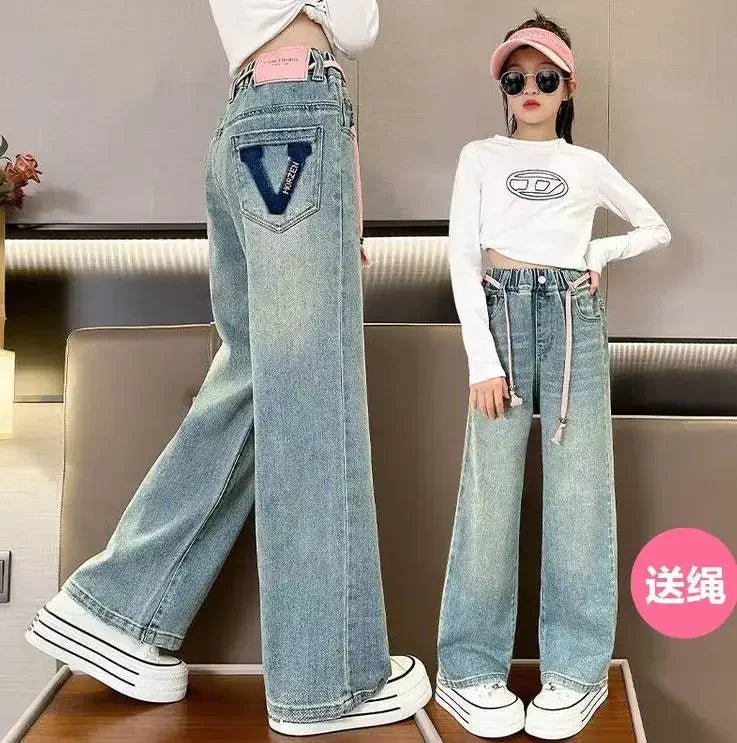 Korean Style Children Embroidery Jeans for Girls Denim Pants for Girls Spring High Waist Straight Trousers for Kids Teenagers